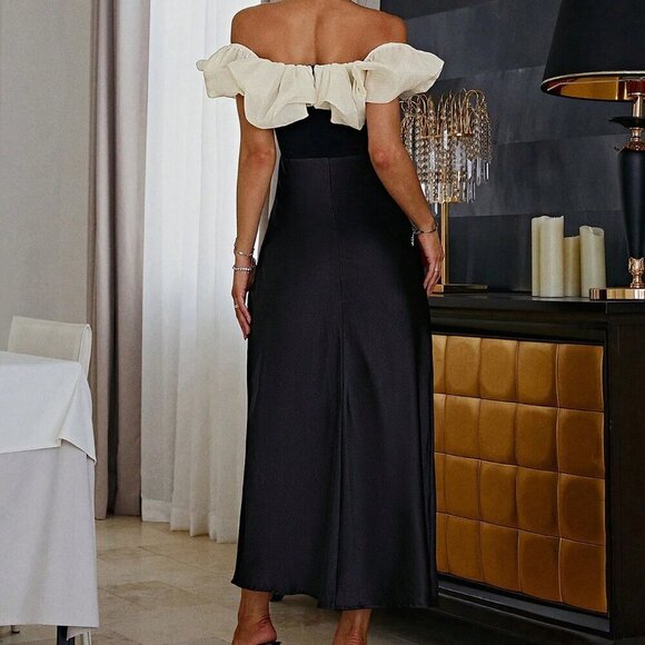 Black Elegant Women's Off Shoulder Ruffle Trim Dress - Picture 2 of 6